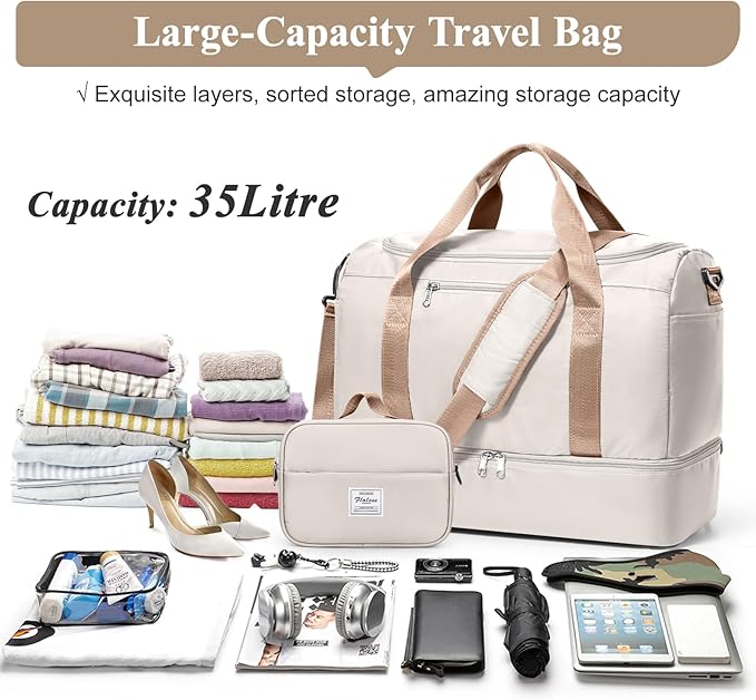 Travel Duffel Bag for Women, Carry-on Overnight Weekender Bags with Wet Pocket & Toiletry Bag, For Spirit Airlines 18x14x8 Personal Item Bag,Small,Beige & Brown