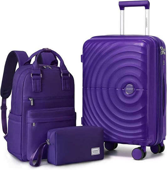 LARVENDER Carry On Luggage Set 22x14x9 Airline Approved, Expandable 20 Inch Carry-On Suitcases With Wheels, Lightweight Luggage Sets 3 Pieces With Backpack, Grape Purple