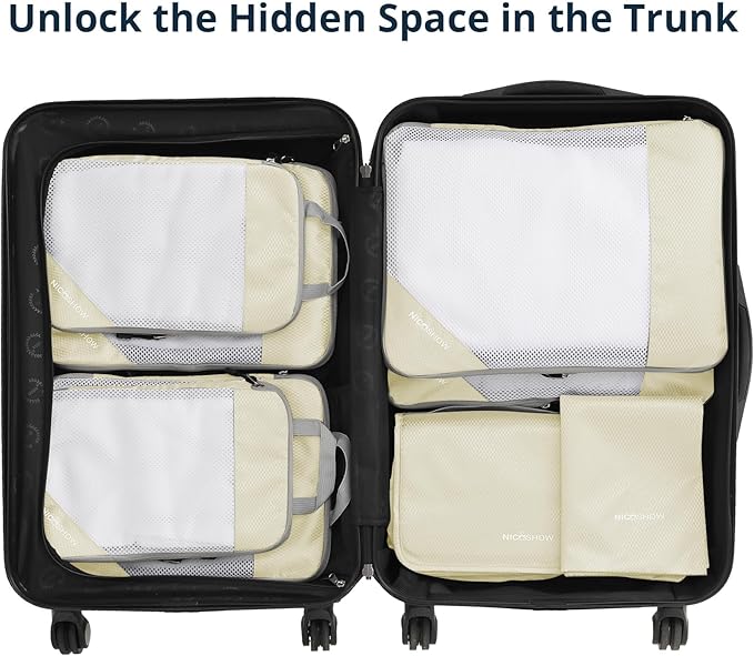 Compression Packing Cubes 8 Set, Compressible Space-Saving Packing Cubes for Travel - Compression Bags, Luggage Organizer, Travel Essentials for Women, Beige