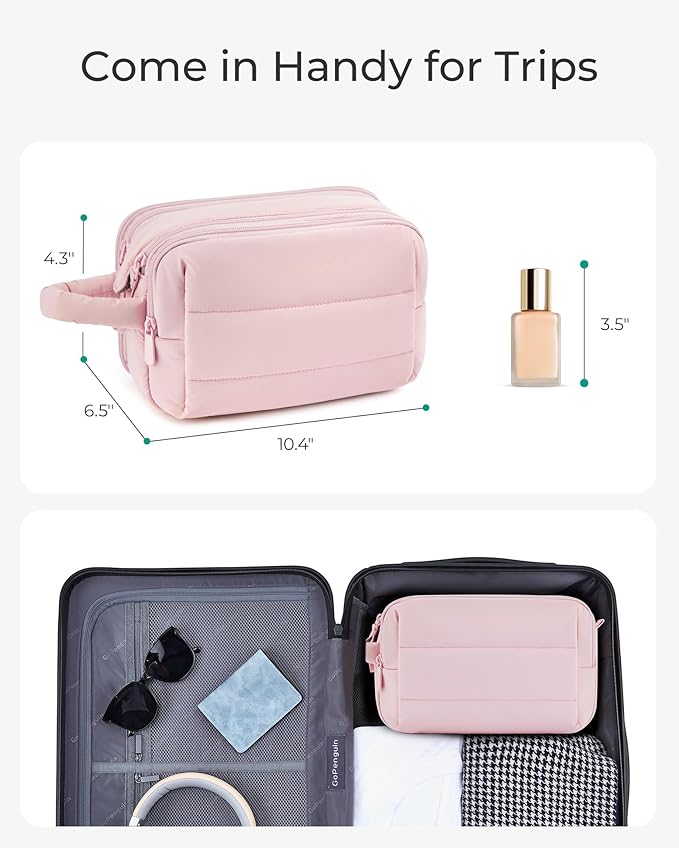 BAGSMART Travel Toiletry Bag for Women, Puffy Cosmetic Makeup Bag Organizer, Large Wide-open Travel Organizer for Toiletries, Dopp Kit Water-resistant Makeup Case for Accessories-Pink