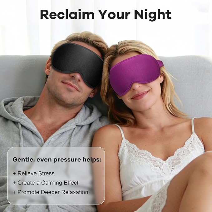 Weighted Sleep Mask 2 Pack - 3D Contoured Eye Masks for Sleep, Best Blackout Sleep Masks for Women Men, Eye Mask for Travel, Meditation, Airplane, Memory Foam, Adjustable Strap, Black Purple
