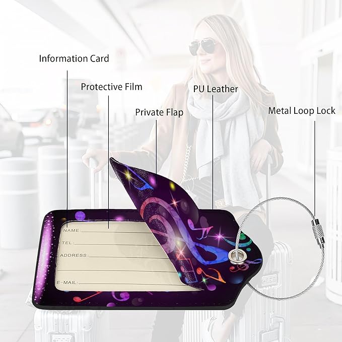 2 Pack Luggage Tags Travel Sound of Music PU Cute Leather Luggage Tag Name ID Labels with Privacy Cover Suitcases Women Men Girls Boys Fun Laggage Tags Present Box/Gift (Music)