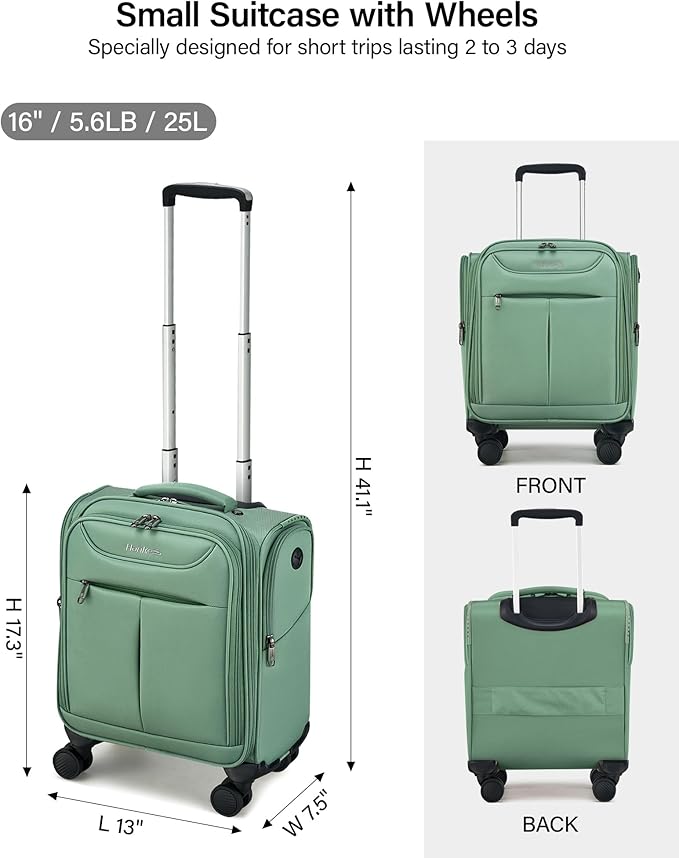 Hanke Underseat Carry On Luggage with Wheels, Lightweight Small Suitcase Airline Approved 16 Inch Softside Personal Item Travel Bag for Women Men, Compact Under Seat Luggage.(Forest Green)