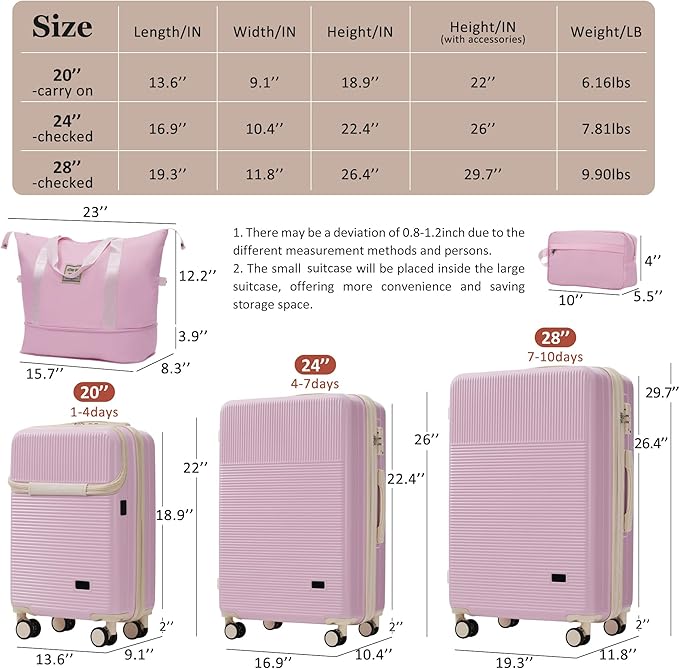 Merax Luggage Sets 5 Piece,Front Half-open Hardshell Expandable Suitcase with Spinner Wheels and Duffel Bags,Lightweight Carry on Luggage with USB Port,20/24/28IN,Light Pink