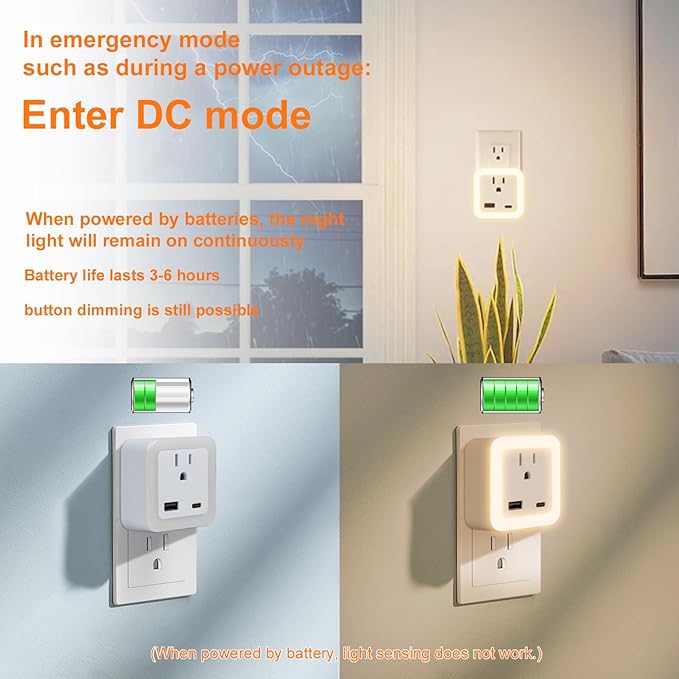 Night Lights Plug Into Wall 2 Pack Rechargeable Battery Backup Light | Dusk to Dawn Sensor Night Light with Outlet Expander for Adults Kids Bedroom, Kitchen, and Bathroom (2, warm white, 3000K)
