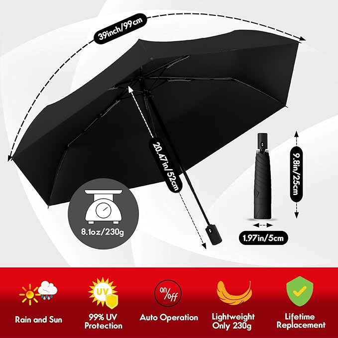Windproof Compact Travel Umbrella,Large Strong but Light Portable and Automatic Folding Rain Umbrella, small inverted for travel size