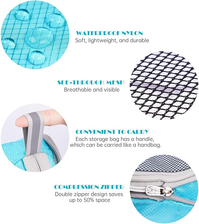 NiHome 7PCS Compression Packing Cube Set Expandable Mesh Travel Bag Luggage Organizers with Electronic Cable Cord Charger Organizer Drawstring Bag for Trip Home Storage Travel Gear Accessories (Blue)