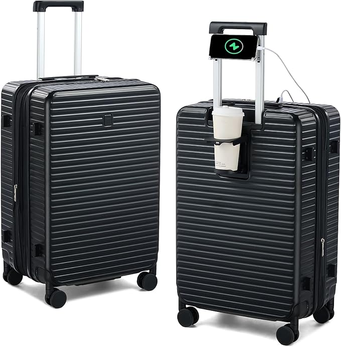 HanTrip Hard Shell Suitcases Travel Expandable Luggage, 24 Inch Check in Luggage with Spinner Wheels Cup Holder Charger Built in, Checked Medium Suitcase Lightweight Suitcases, Black