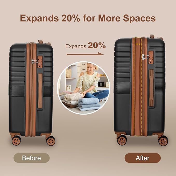 Romswi 22x14x9 Airline Approved 21in Carry On Luggage,Expandable Hardshell Suitcase with Double Spinner Wheels for 20% More Space, Lightweight Hardside CarryOn withYKK Zipper,Scratch-Resistant Black