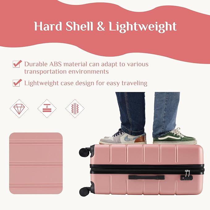 OLIXIS 3-Piece Suitcase Set, Hardside Luggages with Spinner Wheels, Lightweight ABS Hard Shell Travel Luggage, Expandable Carry-On Suitcase with TSA Approved Lock –Pink(20+24+28 Inch)