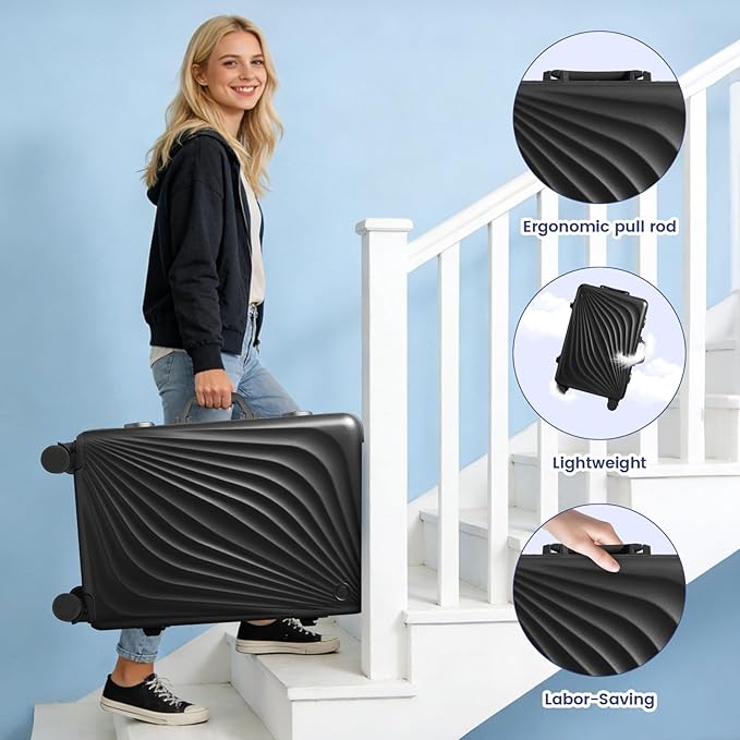 20 Inch Carry On Luggage, Zipperless Luggage with Spinner Wheels, Airline Approved Suitcase with Cup Holder, TSA Lock and USB Charger for Travel, Black