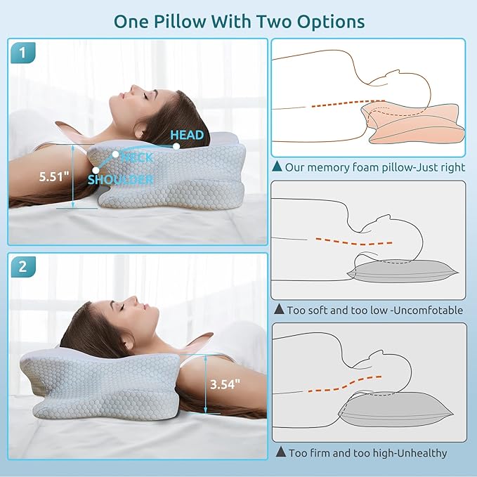 DONAMA Cervical Pillow for Neck and Shoulder Pain Relief, Cooling Contour Memory Foam Pillow, Dual-Height Ergonomic Neck Support Pillow for Side Back Stomach Sleepers with Removable Pillowcase