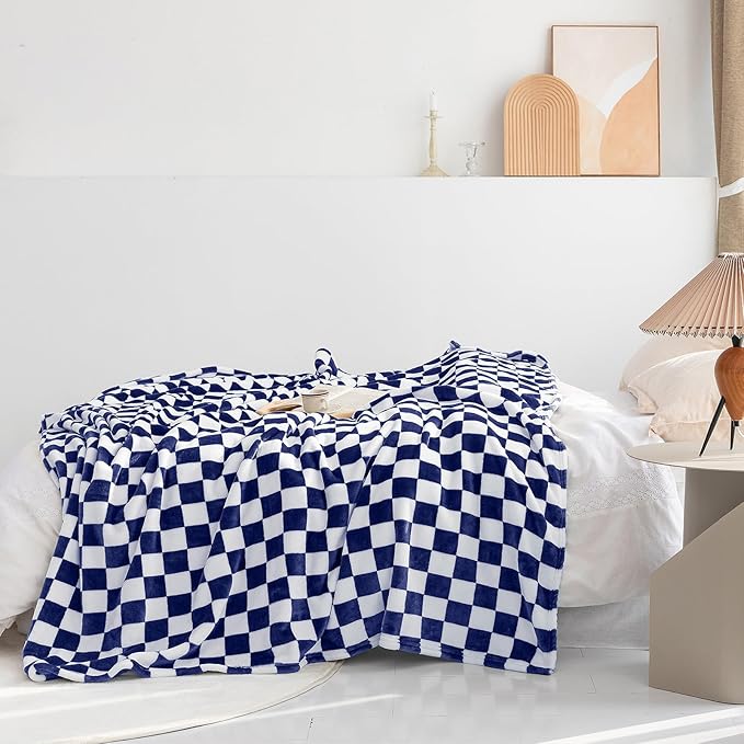 LOMAO Throw Blankets Flannel Blanket with Checkerboard Grid Pattern Soft Throw Blanket for Couch, Bed, Sofa Luxurious Warm and Cozy for All Seasons (Dark Blue, 40"x60")