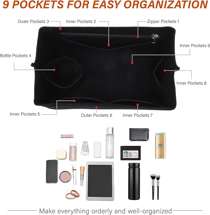 Premium Felt Purse Organizer Insert for Longchamp Le Pliage, Zipper Long Champ Bag Organizer Insert with Cup Holder, 9 Compartments