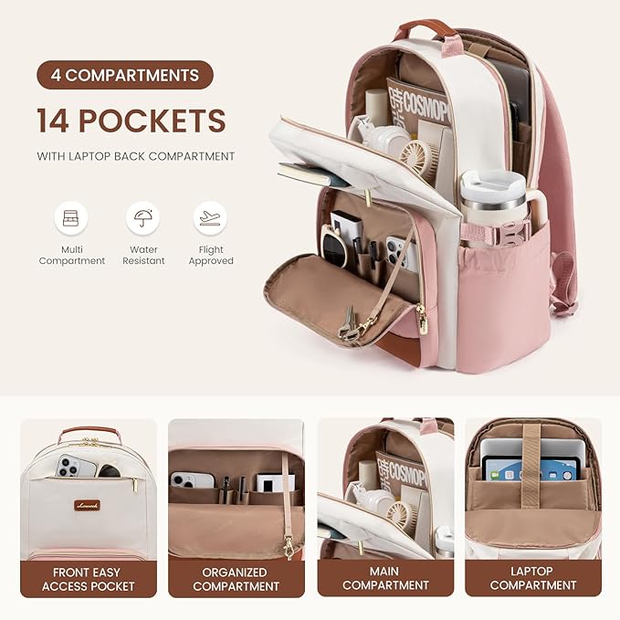LOVEVOOK Laptop Backpack for Women with Pouch Pocket for Large Capacity Cup,15.6 Inch Teacher Nurse College Work Backpack Purse,Waterproof Laptop Bag Computer Back Pack for Travel, Beige-Pink-Brown