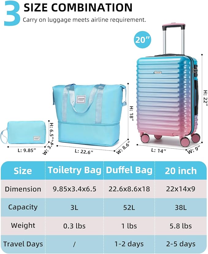 LARVENDER Carry on Luggage 22x14x9 Airline Approved, Expandable 20 Inch Hardside Suitcase with Wheels TSA Lock, PC+ABS Lightweight Carry on Suitcases for Women, Cotton Candy (20/DB/TB)