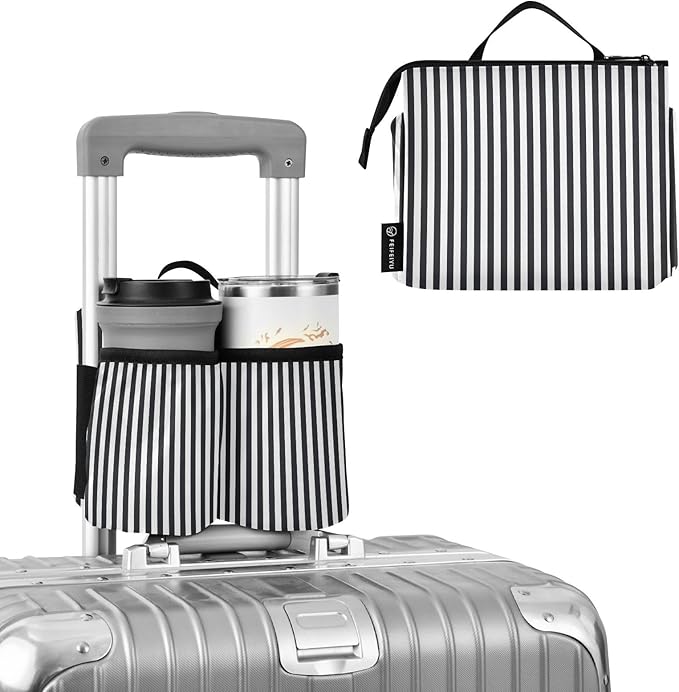 Luggage Cup Holder for Suitcases Free Hands Travel Cup Holder Portable Suitcase Cup Drink Holder Luggage Cup Caddy Bag Carrier Black and White Stripes