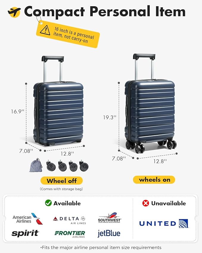 Lekesky 16 Inch Underseat Carry On Luggage Airline Approved, Hard Shell Suitcase with TSA Lock, Lightweight Spinner Wheels Durable ABS Compact Carry-On for Travel Weekend Trips Men Women, Blue