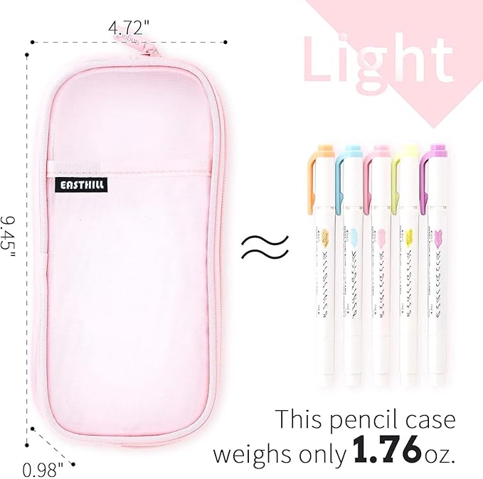 EASTHILL Grid Mesh Pen Pencil Case with Zipper Clear Makeup Color Pouch Cosmetics Bag Multi-Purpose Travel School Teen Girls and Boys Transparent Stationary Bag Office Organizer Box for Adluts(Pink)