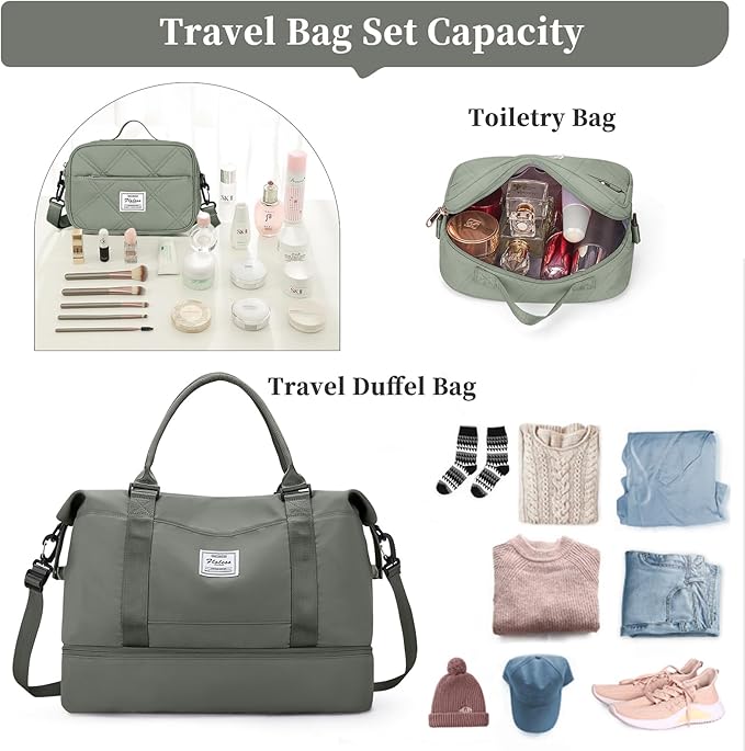 Weekender Bags for Women,Personal Item Travel Bag with Shoes Compartment,Overnight Travel Duffel Bag with Quilted Toiletry Bag,Olive Green