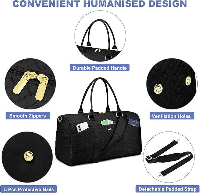 Women Weekender Travel Duffle Bag: Travel Duffel Overnight Bags with Shoe Compartment Large Carry on Tote with Toiletry Bag Weekend Traveling Yoga Gym Hospital Bag for Women with Wet Pocket Black