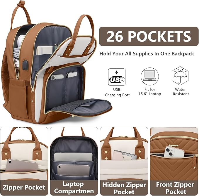 Laptop Backpack for Women Work Bookbag: 15.6 Inch College Backpacks with USB Charger School Book Bag Waterproof Travel Computer Back Pack Anti-Theft Casual Bookbags for Girls Teacher Nurse Beige Brown
