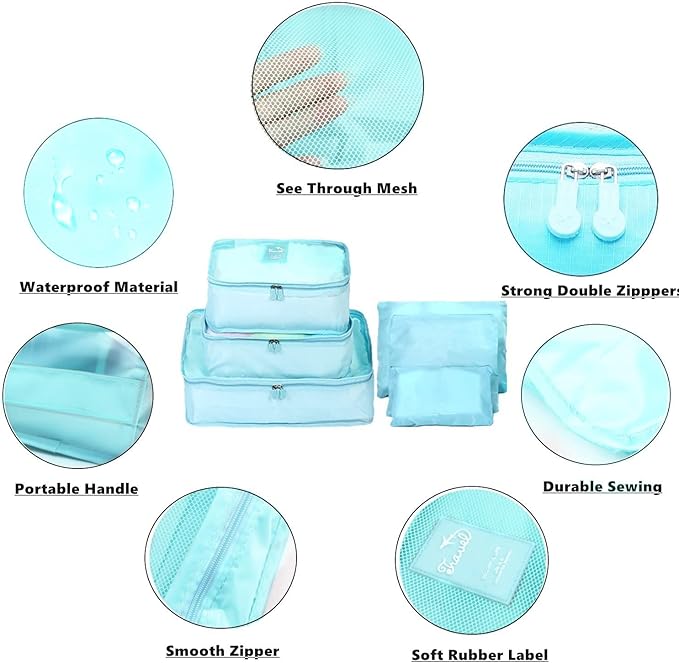 6 PCS Travel Luggage Organizer Bags, Packing Cubes Compression, Travel Storage Bags Organizers, Travel Cubes Laundry Pouches for Backpack Suitcases Clothes Underwear (Light Blue)
