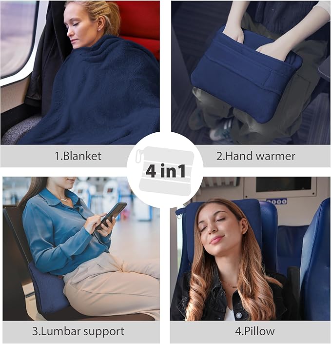 DEZ FURNISHINGS 4-in-1 Travel Compact Blanket Pillow Super Soft Velvet with Luggage Sleeve and Backpack Clip, Navy, 60" x 45"