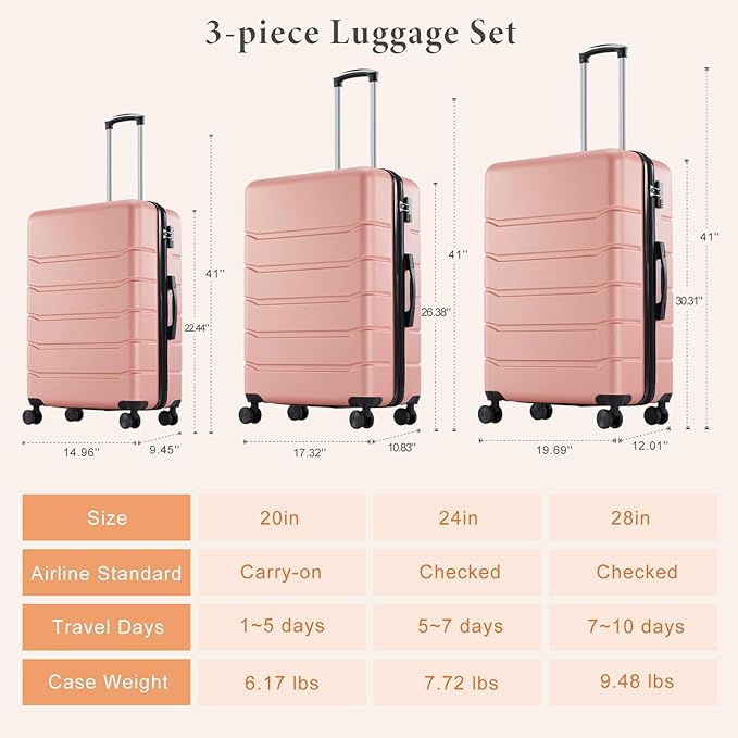 Sweetcrispy Carry on Luggage, Hard Shell ABS Suitcase with Double Spinner Wheels, Lightweight Expandable Rolling Suit Case with TSA Lock, 24 Inch Pale Pink