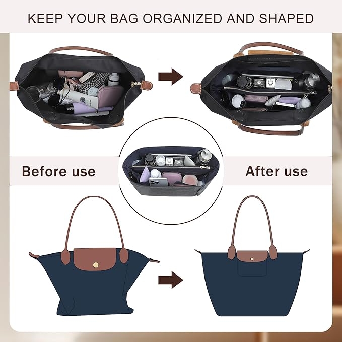 Doxo Long Champ Organizer Insert, Bag Organizer Insert for le pliage Medium, G.oyard PM, Speedy 30, Neverfull MM and More, Light Waterproof DupontPaper Purse Organizer, 6 Pockets(Black&Blue, M)
