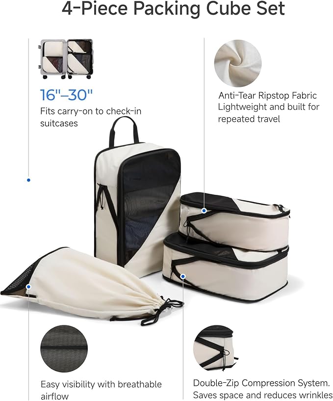 LUGGEX Packing Cubes for Travel, POX01 Luggage Organizers Bags, Suitcase Organizer with Shoe Bag, 4 Set Travel Cubes for Packing (POX-Core, Beige)