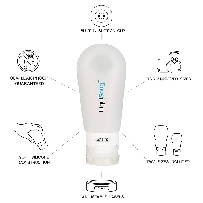 LiquiSnugs Premium - 100% Guaranteed Leak Proof Silicone Travel Bottles For Toiletries - TSA Approved Container. Premium Range Travel Shampoo Bottles with Suction Cups and Adjustable Labels