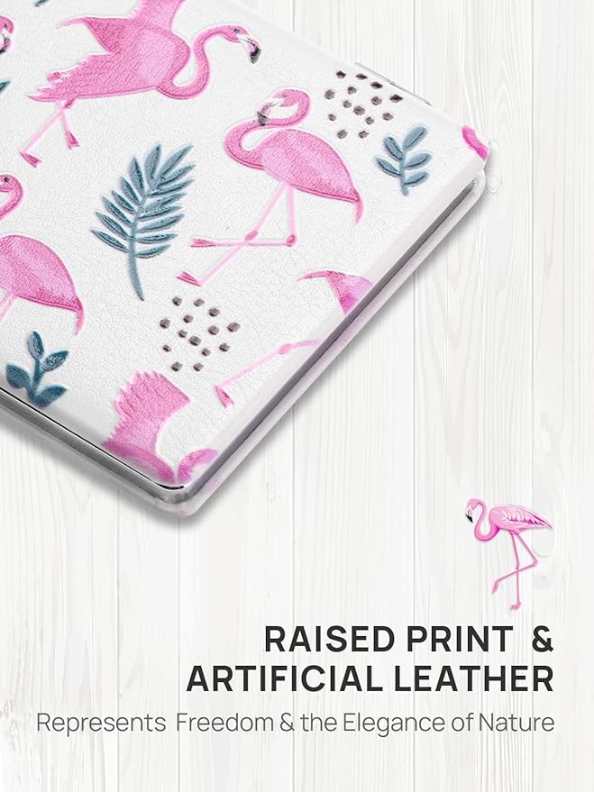 OMIRO Compact Mirror, Unique Painting PU Leather 1X/3X Magnification, Ultra Portable for Purses, 2.4" W x 3.4" L (Pink Flamingos)