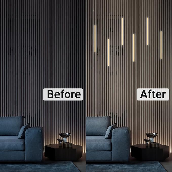 HAMRVL Black Wall Panel Lights, 6PCS 16-Inch 3000K Warm White Slat Wall Lights with Touch Switch, Self-Adhesive Dimmable Wall Slat Lights for Living Rooms, Bedrooms, Kitchen Cabinets, Slat Wall Panels
