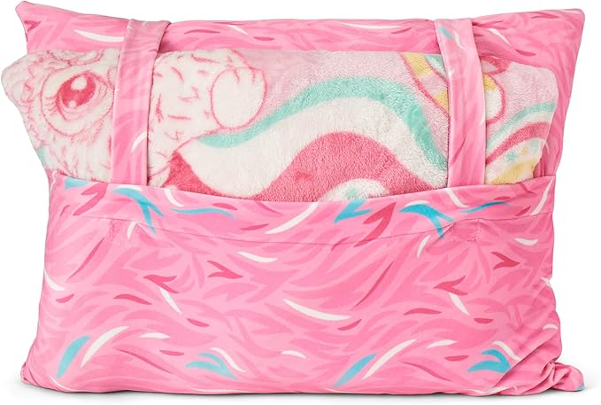 Northwest Furby Wavy Pink Furby Silk Touch Throw Blanket 50 x 60 Inches with Plush Pocket Pillow 14 x 20 Inches - Comfy & Cozy Blanket & Pillow Set for Boys and Girls