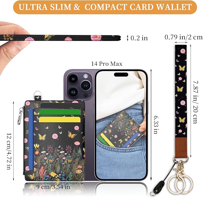 Hancynir Florals Butterfly Slim Wallet Women Credit Card Holder, Flowers RFID Blocking Front Pocket Wallet Wristlet Keychain Lanyard, Small Cute Mini Thin Travel Zipper Coin PU Leather Card Case Gifts