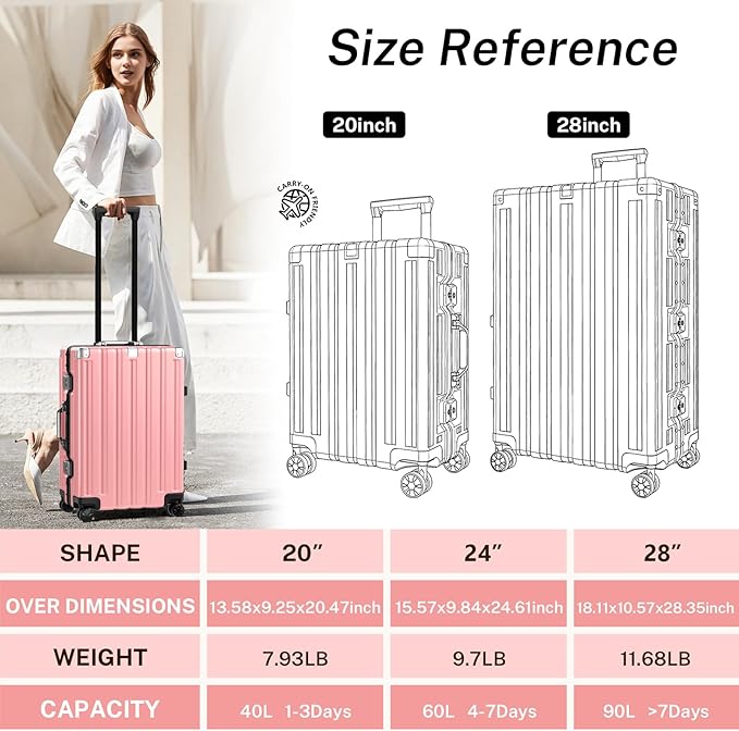Krute Carry On Luggage 20 inch Aluminum Frame Luggage with Spinner Wheels Hardshell No Zipper PC+ABS TSA Lock Zipperless Suitcases