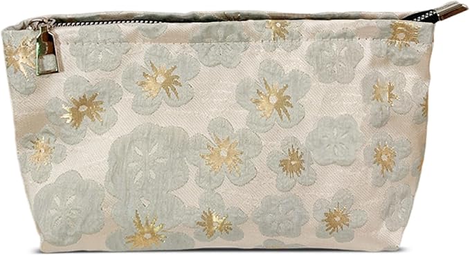 HAPPYHEIDI Small Cute Vintage Floral Makeup Bag Purse Pouch, Accessory Organizer, Metal Zipper, Aesthetic Textured Fabric, Golden Beige Medium