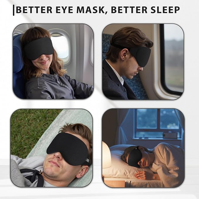 Cool-Touch Cotton Eye Sleep Mask for Men & Women, Soft & Breathable, Pressure-Free Design for Side Sleepers, Adjustable Light Blocking Mask for Sleeping, Travel & Naps (Black)