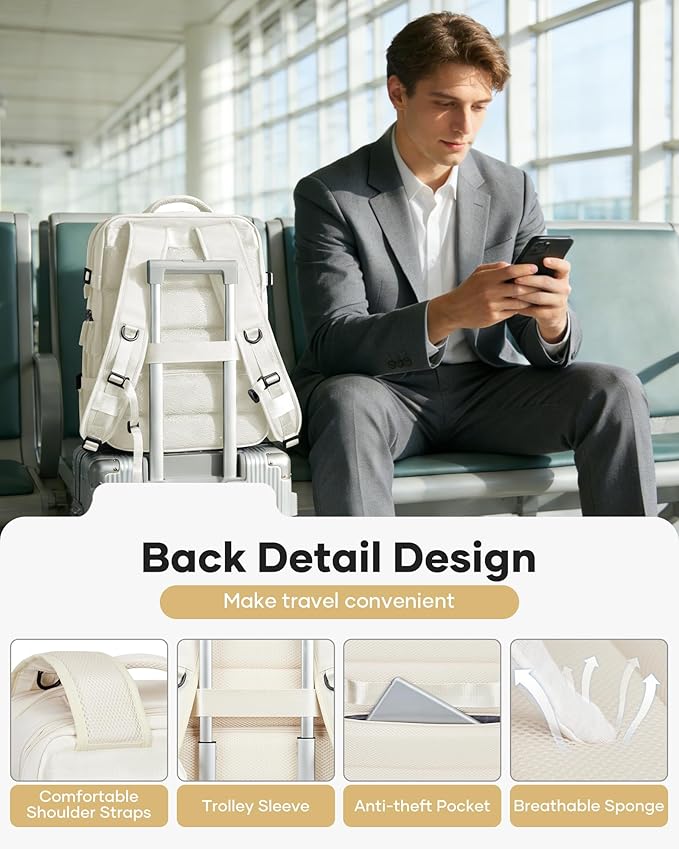 VECAVE Vacuum Backpack Travel with Pump, Expandable Personal Item Carry on Backpacks for Women Men, Laptop Waterproof Work Compression bags with USB Casual Daypack Beige