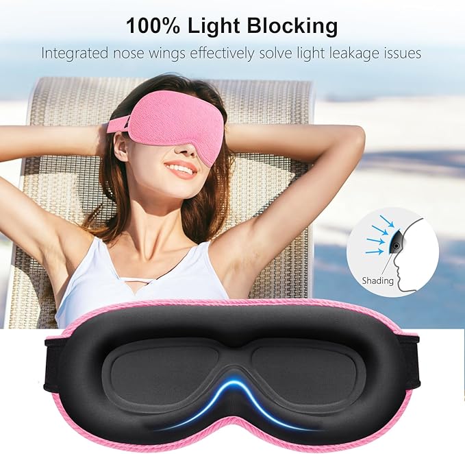 Gritin 100% Blackout Sleep Eye Mask for Women Men,Zero Eye Pressure Sleeping Mask-Ergonomic Design 3D Cutout Eye Movement and Eyelash Friendly Night Blindfold,Ultra Soft&Comfortable for Sleeping-Pink