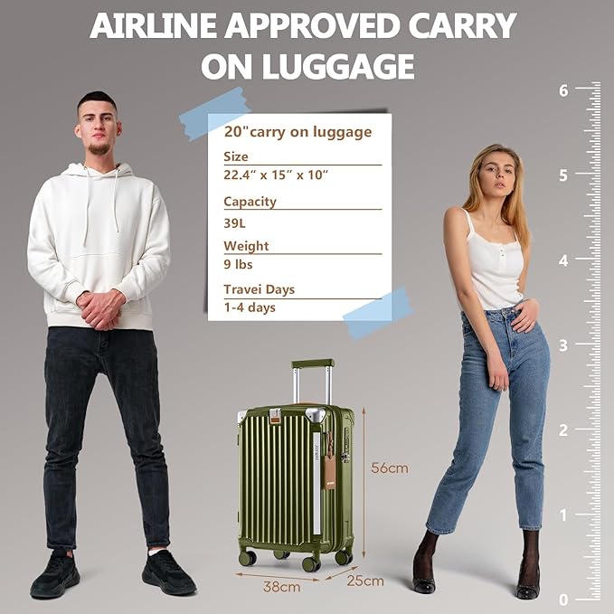 Joyway 20in Carry On Luggage with Cup Holder and USB Port, 25% Expandable Capacity, Smart Suitcase with Anti Slip Wheels and Handbag, Perfect for Men and Women 3 Piece Set DarkGreen