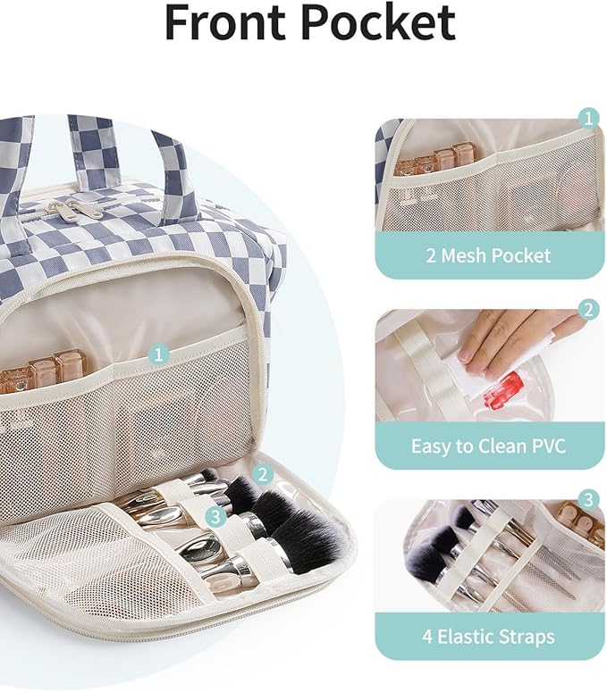 Narwey Travel Toiletry Bag for Women Checkered Large Capacity Makeup Bag Wide Open Cosmetic Make Up Organizer with Wet Pocket for Towel Travel Bag for Toiletries Essentials (Greyish Blue Checkerboard)