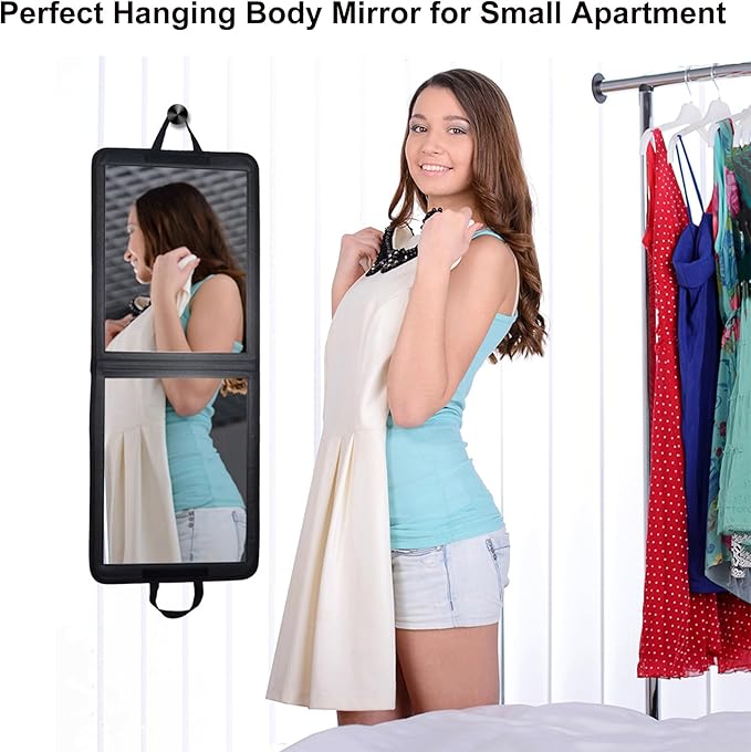 LPHUMEX 33x13 in Portable Mirror Full Length Door Hanging, Black Foldable Shatterproof Full Body Door Mirror for Dancing Bag, Travel
