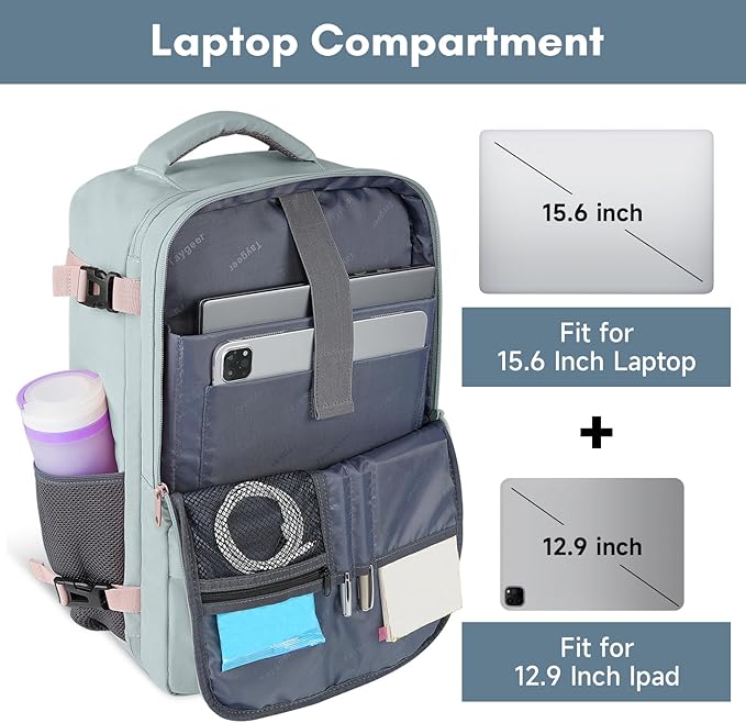 Taygeer Personal Item Backpack for Men Women, Travel Backpack Carry on Luggage Flight Approved with Water Bottle Pocket & Shoe Pouch, Large Weekender Work Bag for Hiking Gift, Gray Powder