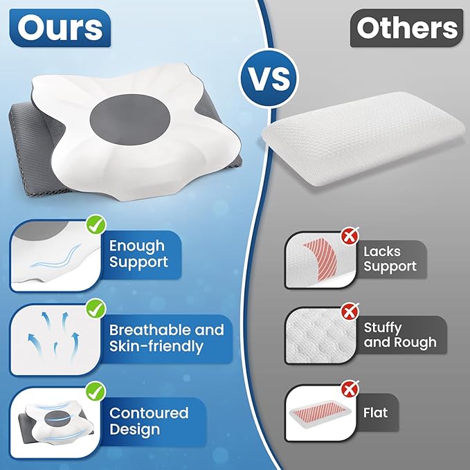 Memory Foam Bed Pillow – Contour Support Pillow for Side & Back Sleepers, Soft Ergonomic Design, Cooling Breathable Cover, Removable Washable Case, Standard Size, Grey