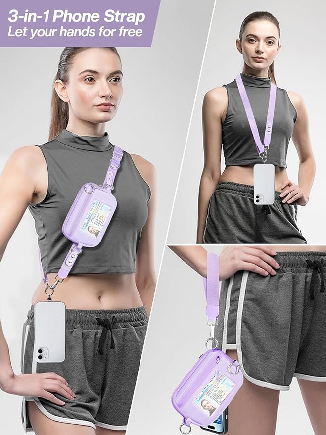 Tiostep Clip and Go Strap for Phone with Wallet Crossbody Phone Lanyard Adjustable and Detachable RFID Wristlet Wallet with ID Window and Zipper, Purple Large.