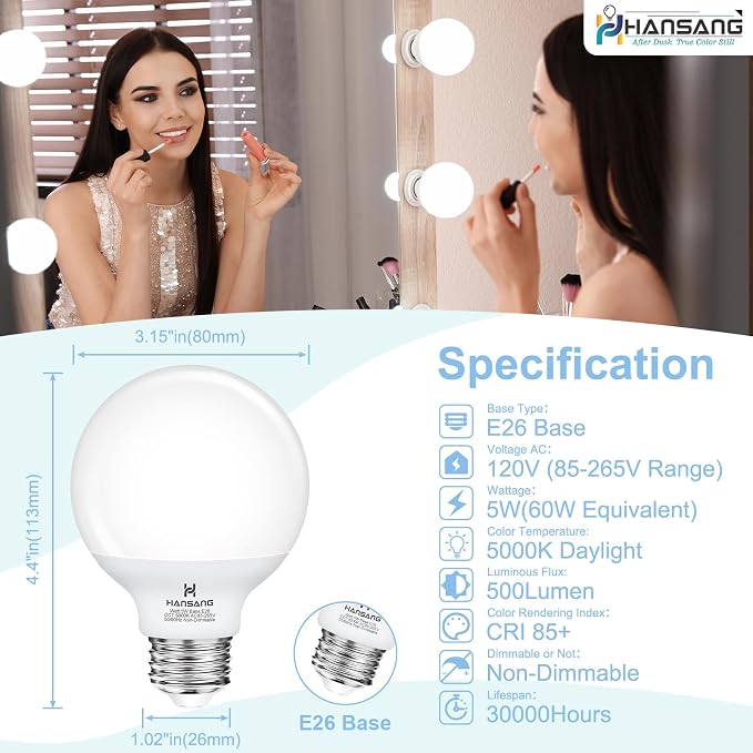 12 Pack G25 Globe Vanity Bathroom Light Bulbs 60W Equivalent 5000K Daylight | E26 LED Light Bulbs，CRI85+ Eye-Friendly, Type G Round Light Bulb Over Mirror, 120V, 5W, 500LM E26 Base, Non-Dimmable