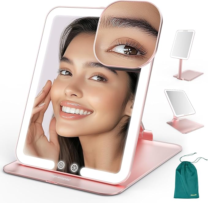 Mocado Travel Makeup Mirror with Light - 7x5 Inches Tripple Folding Travel Mirror with Light, 3 Colors Lighted Makeup Mirror, Portable Makeup Mirror, Freely Adjust Height and Angle(Rose Gold)