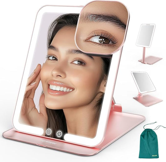 Mocado Travel Makeup Mirror with Light - 7x5 Inches Tripple Folding Travel Mirror with Light, 3 Colors Lighted Makeup Mirror, Portable Makeup Mirror, Freely Adjust Height and Angle(Rose Gold)